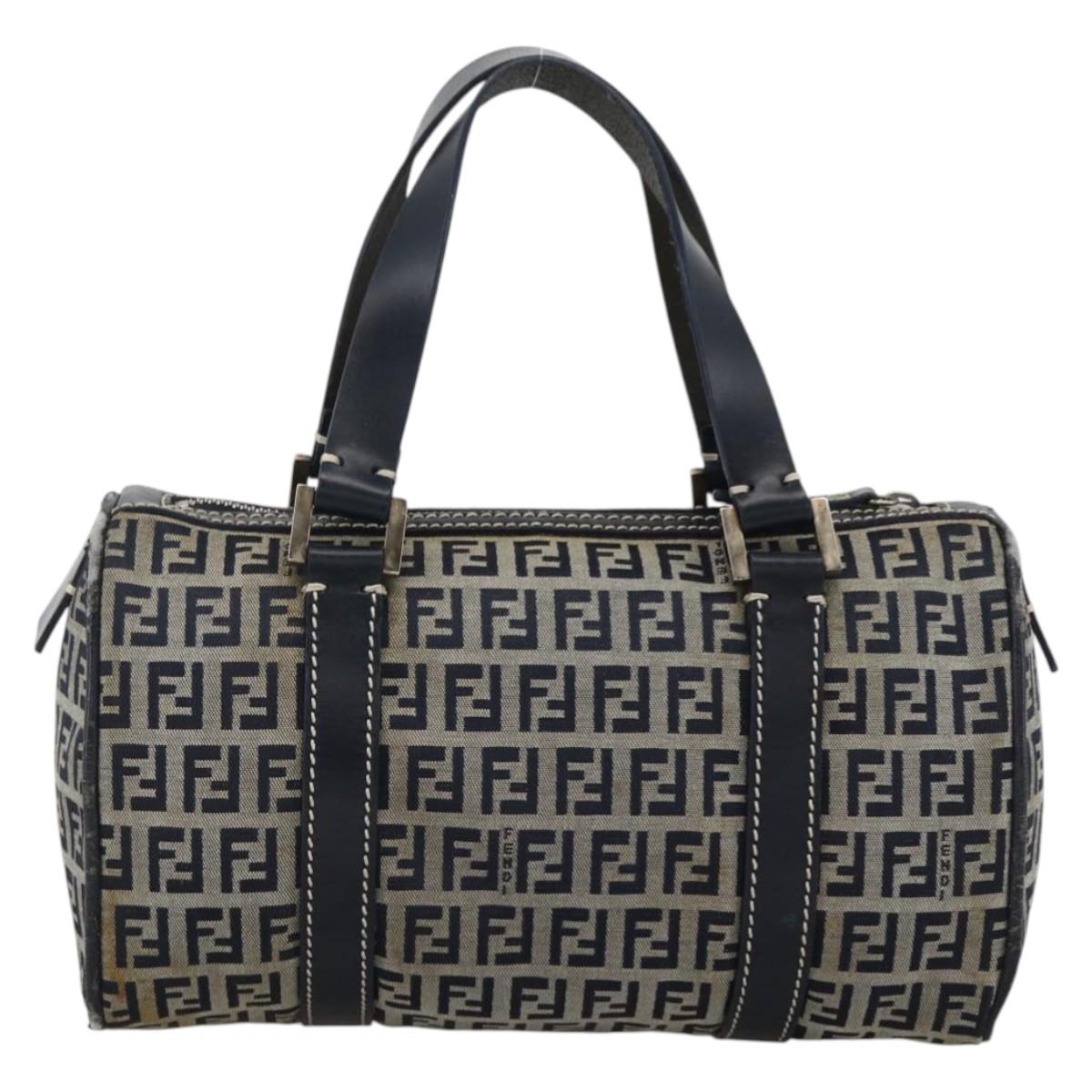FENDI Zucchino Canvas Hand Bag Navy Silver Auth LNZ205