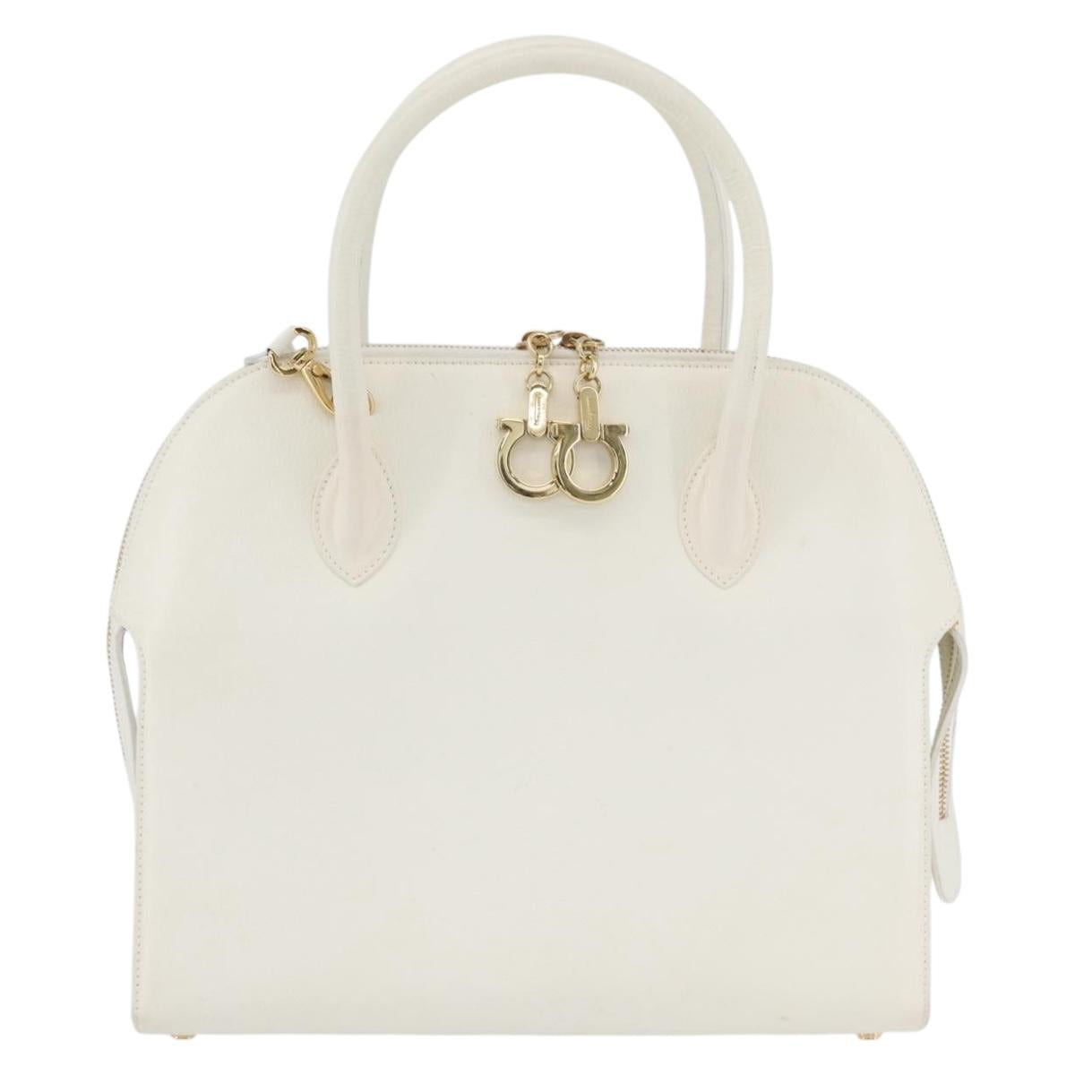Salvatore Ferragamo Gancini Hand Bag Leather 2way White Gold Auth LNZ206