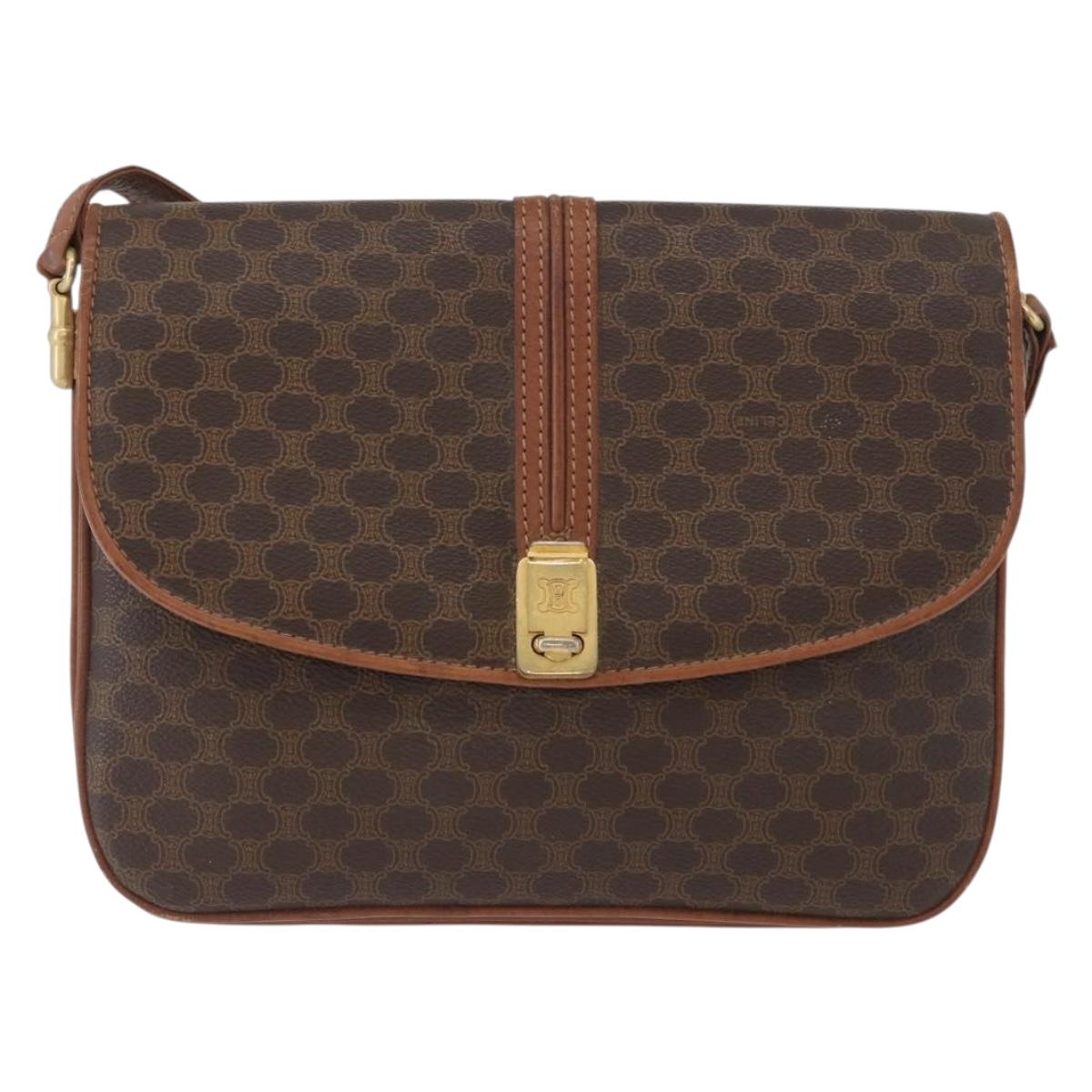 CELINE Macadam Canvas Shoulder Bag PVC Leather Brown Gold Auth LNZ224