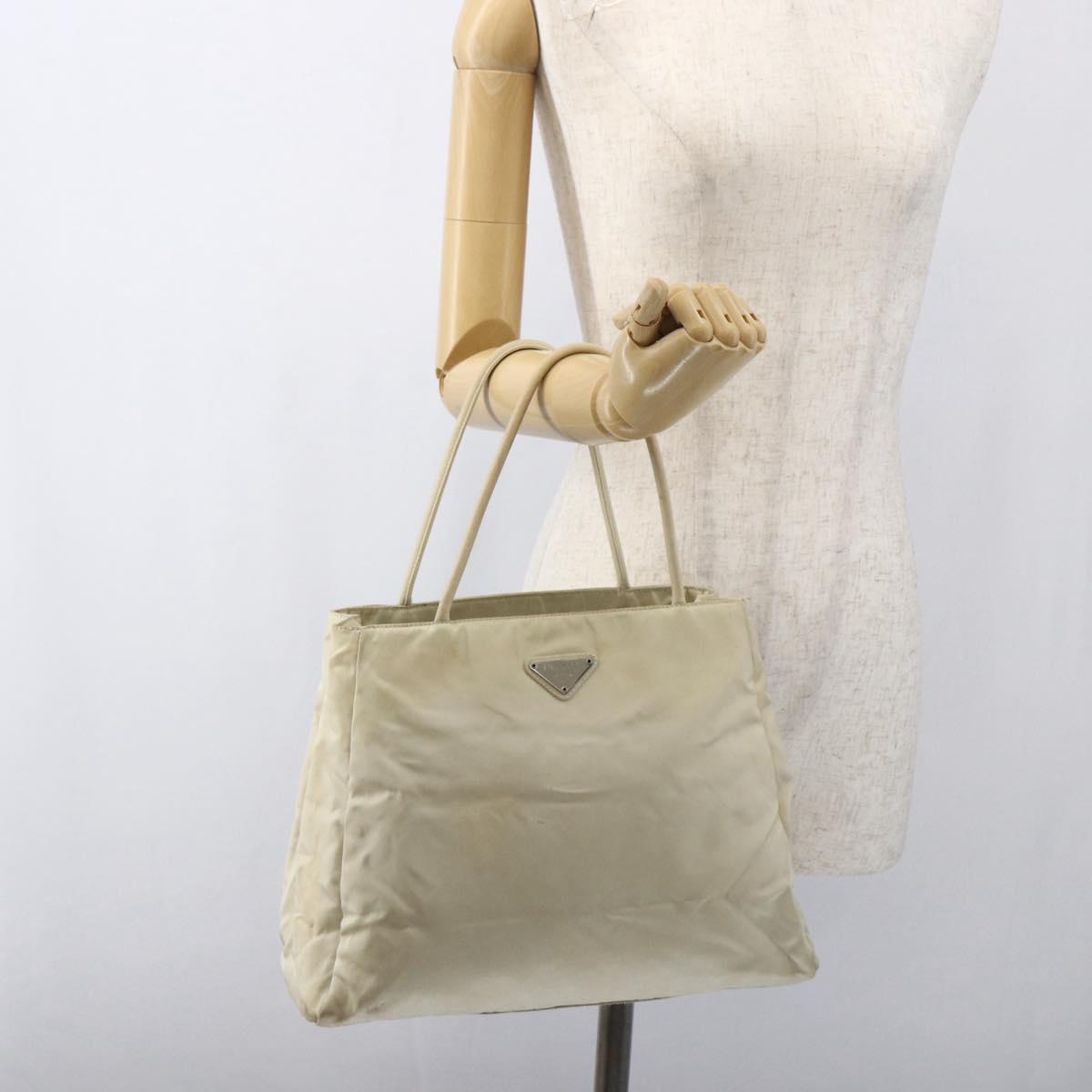 PRADA Hand Bag Nylon Ivory Silver Auth LNZ228