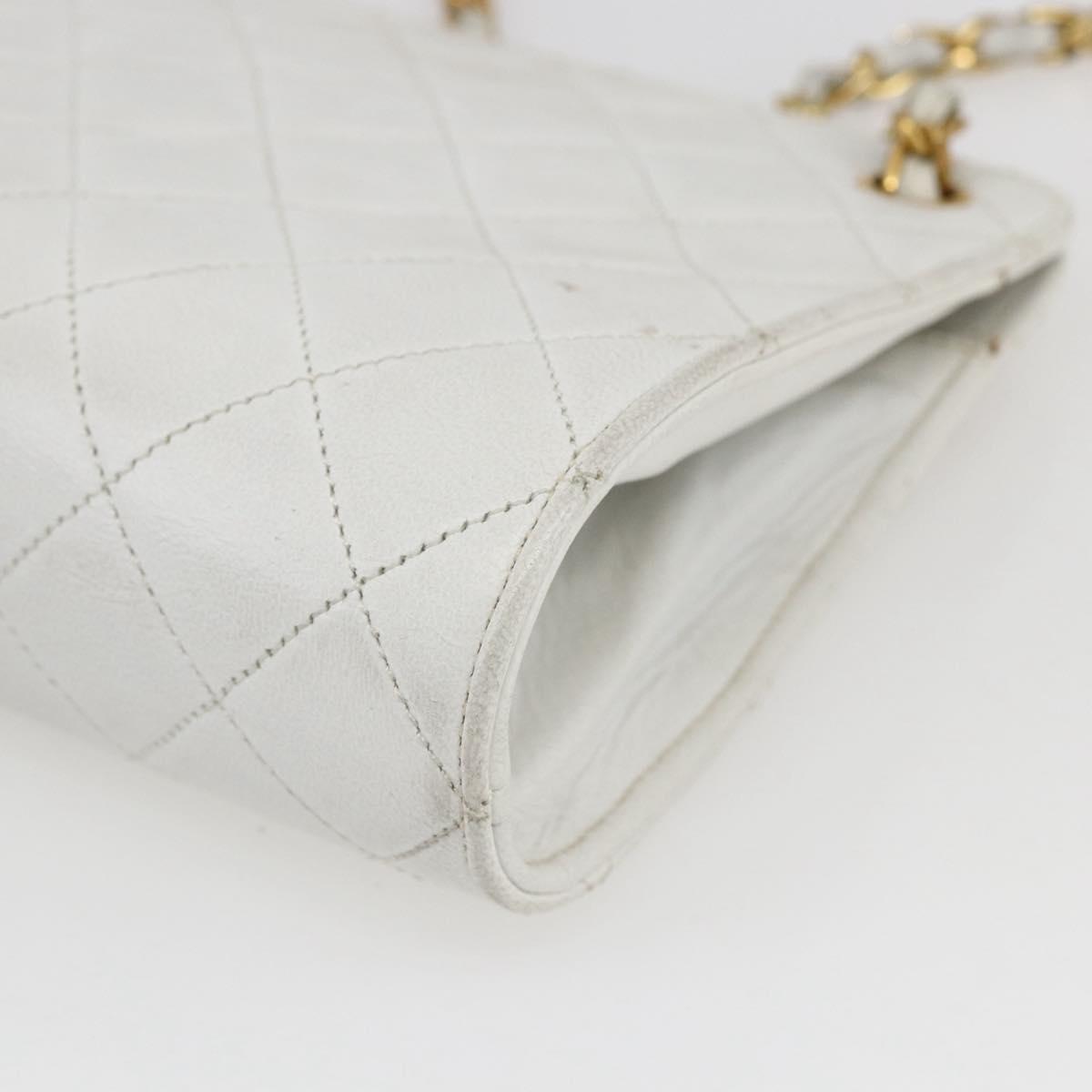 CHANEL Matelasse Chain Shoulder Bag Lamb Skin White Gold CC Auth LNZ247A