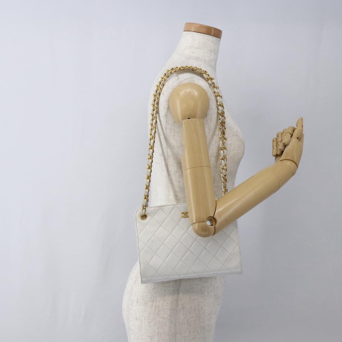 CHANEL Matelasse Chain Shoulder Bag Lamb Skin White Gold CC Auth LNZ247A
