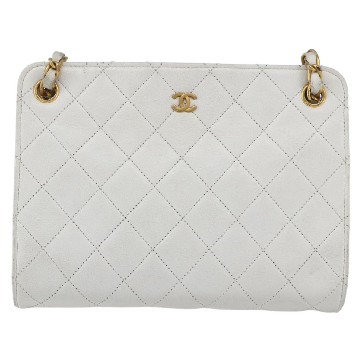 CHANEL Matelasse Chain Shoulder Bag Lamb Skin White Gold CC Auth LNZ247A