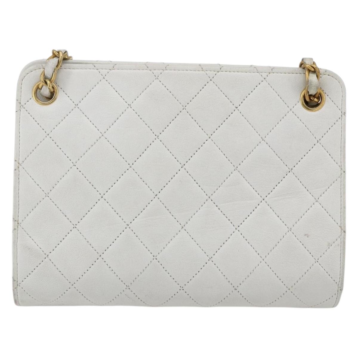 CHANEL Matelasse Chain Shoulder Bag Lamb Skin White Gold CC Auth LNZ247A