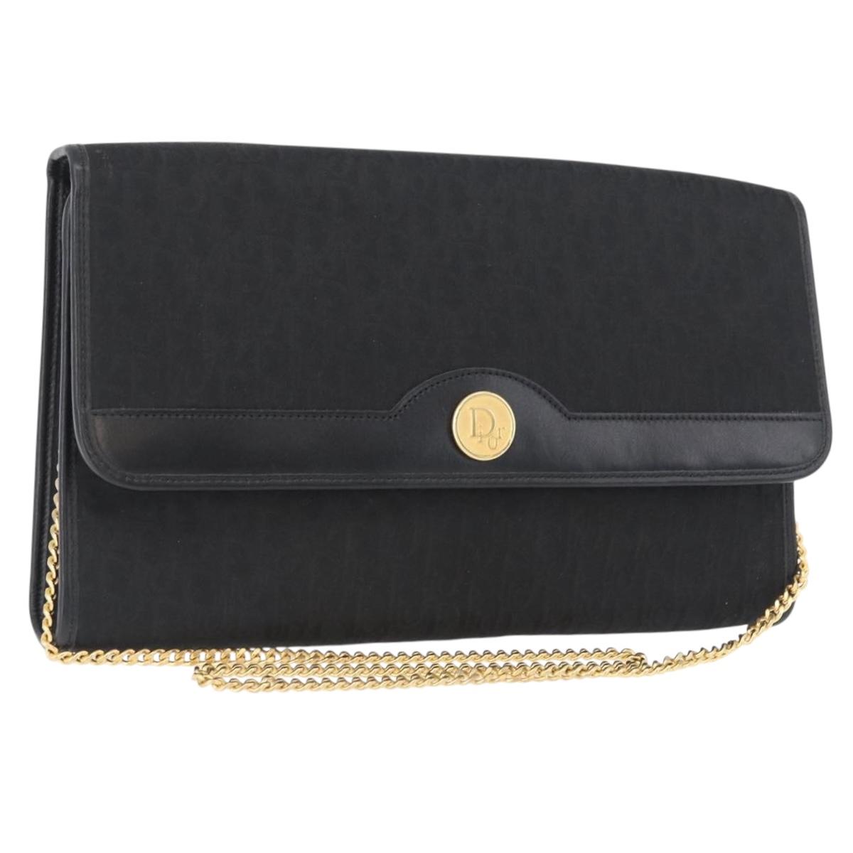 Christian Dior Trotter Canvas Chain Shoulder Bag Black Gold Auth LNZ250