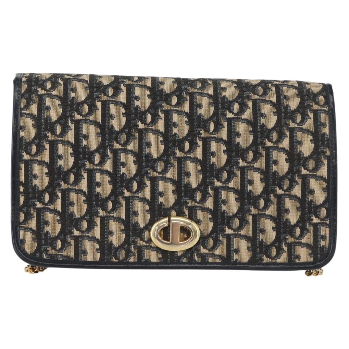 Christian Dior Trotter Canvas Chain Shoulder Bag Navy Gold Auth LNZ261