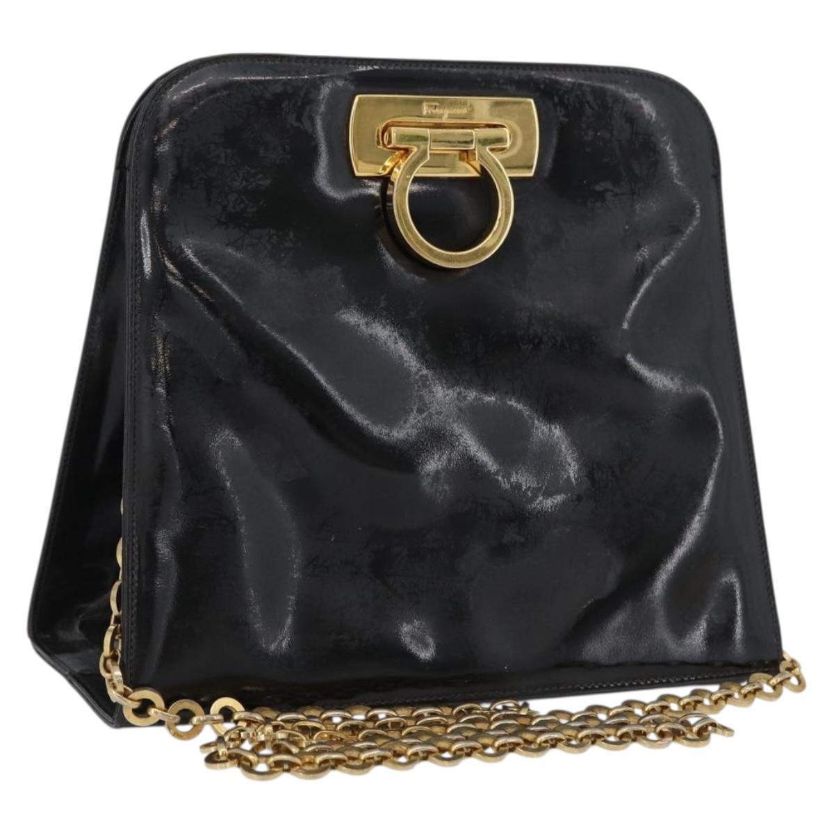 Salvatore Ferragamo Gancini Chain Bag Patent leather Black Gold Auth LNZ268