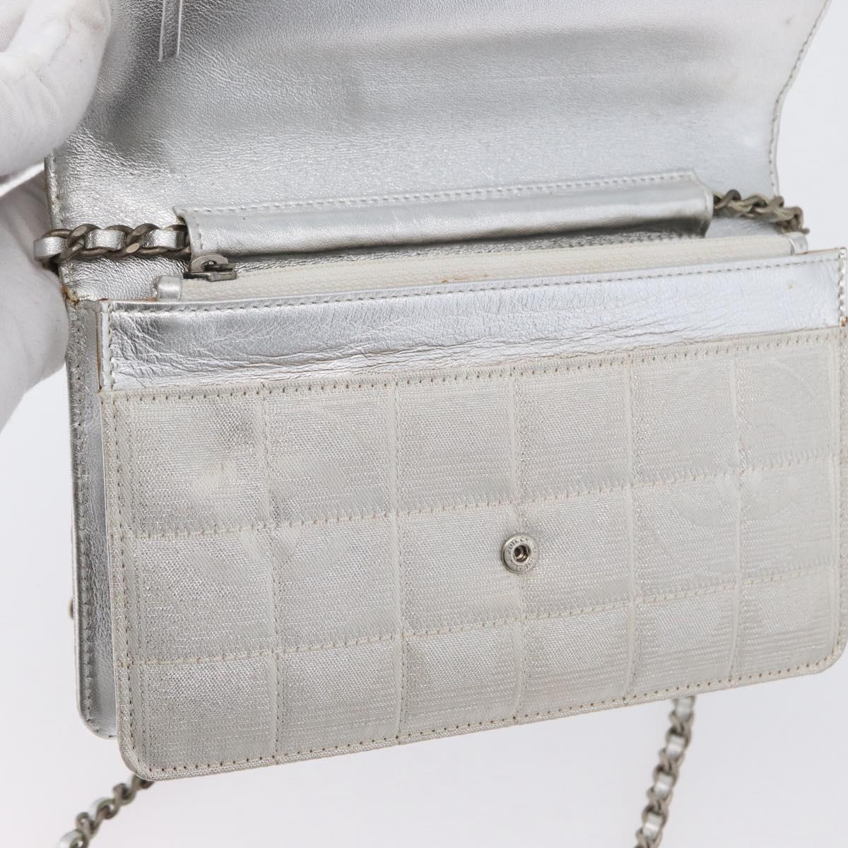 CHANEL New Travel Line Choco Bar Chain Shoulder Bag Nylon Silver CC Auth LNZ273A