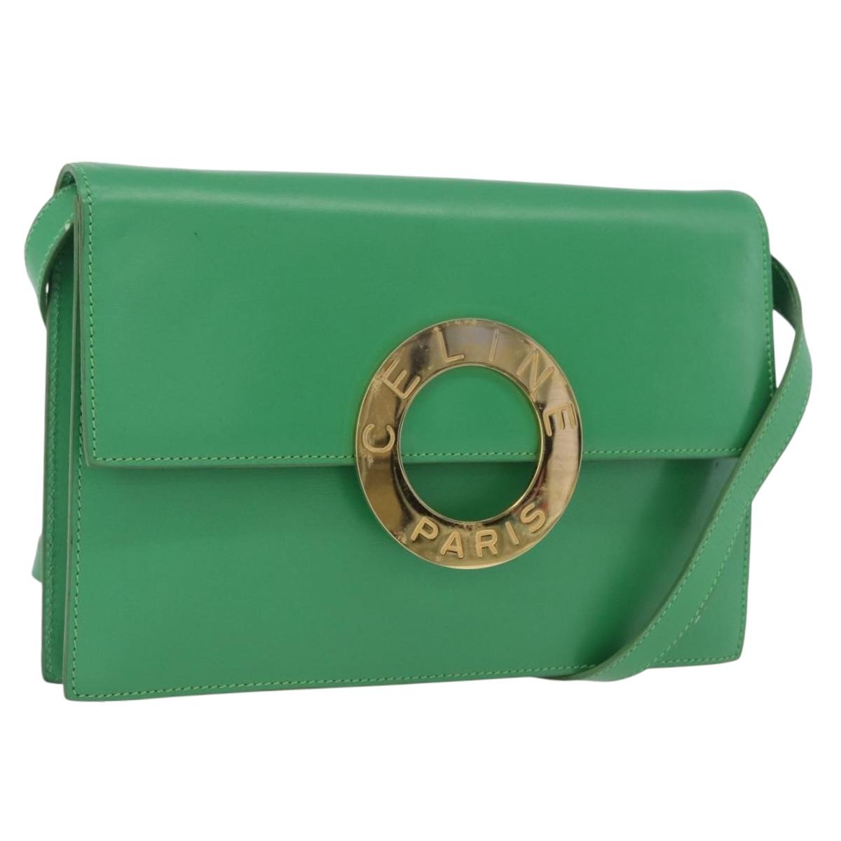 CELINE Circle Shoulder Bag Leather Green Gold Auth LNZ294V
