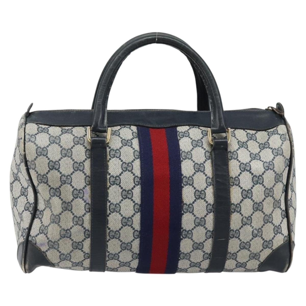 GUCCI GG Supreme Sherry Line Boston Bag PVC Navy Gold Auth LNZ318
