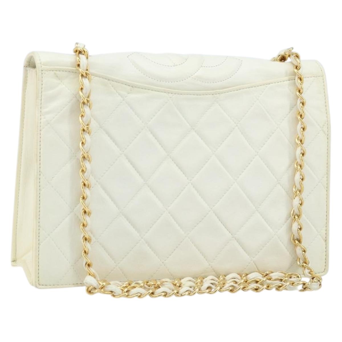 CHANEL Matelasse Chain Shoulder Bag Lamb Skin White Gold CC Auth LNZ336A