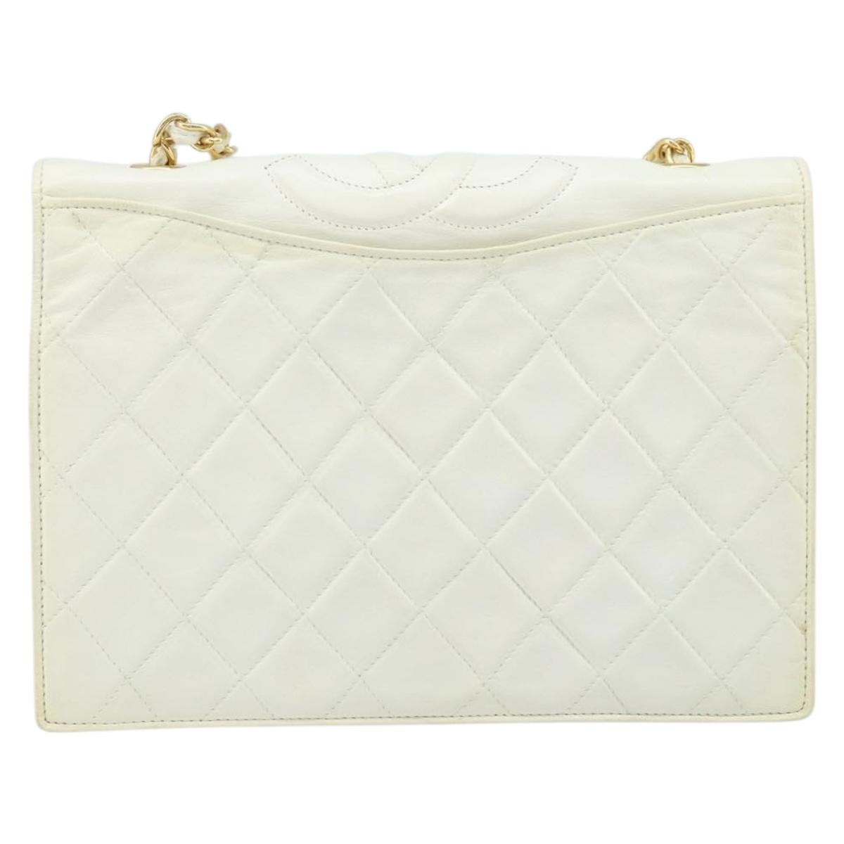 CHANEL Matelasse Chain Shoulder Bag Lamb Skin White Gold CC Auth LNZ336A