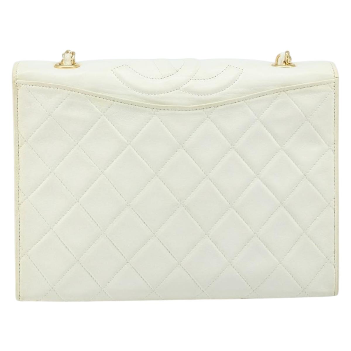 CHANEL Matelasse Chain Shoulder Bag Lamb Skin White Gold CC Auth LNZ336A