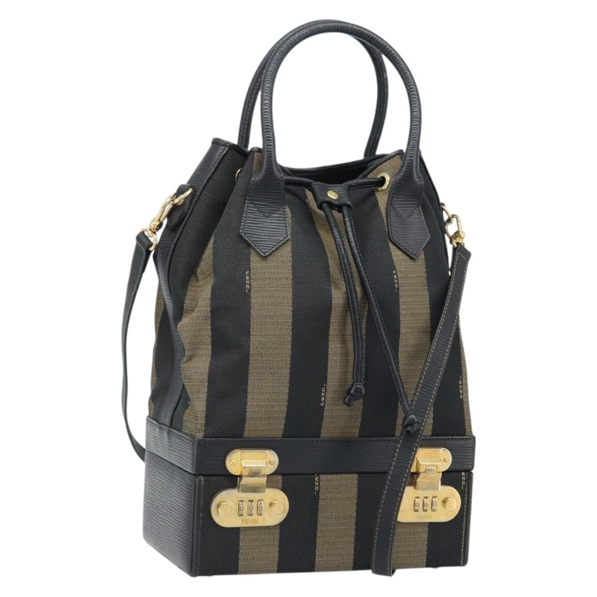 FENDI Pecan Canvas Hand Bag PVC 2way Black Brown Auth LNZ340