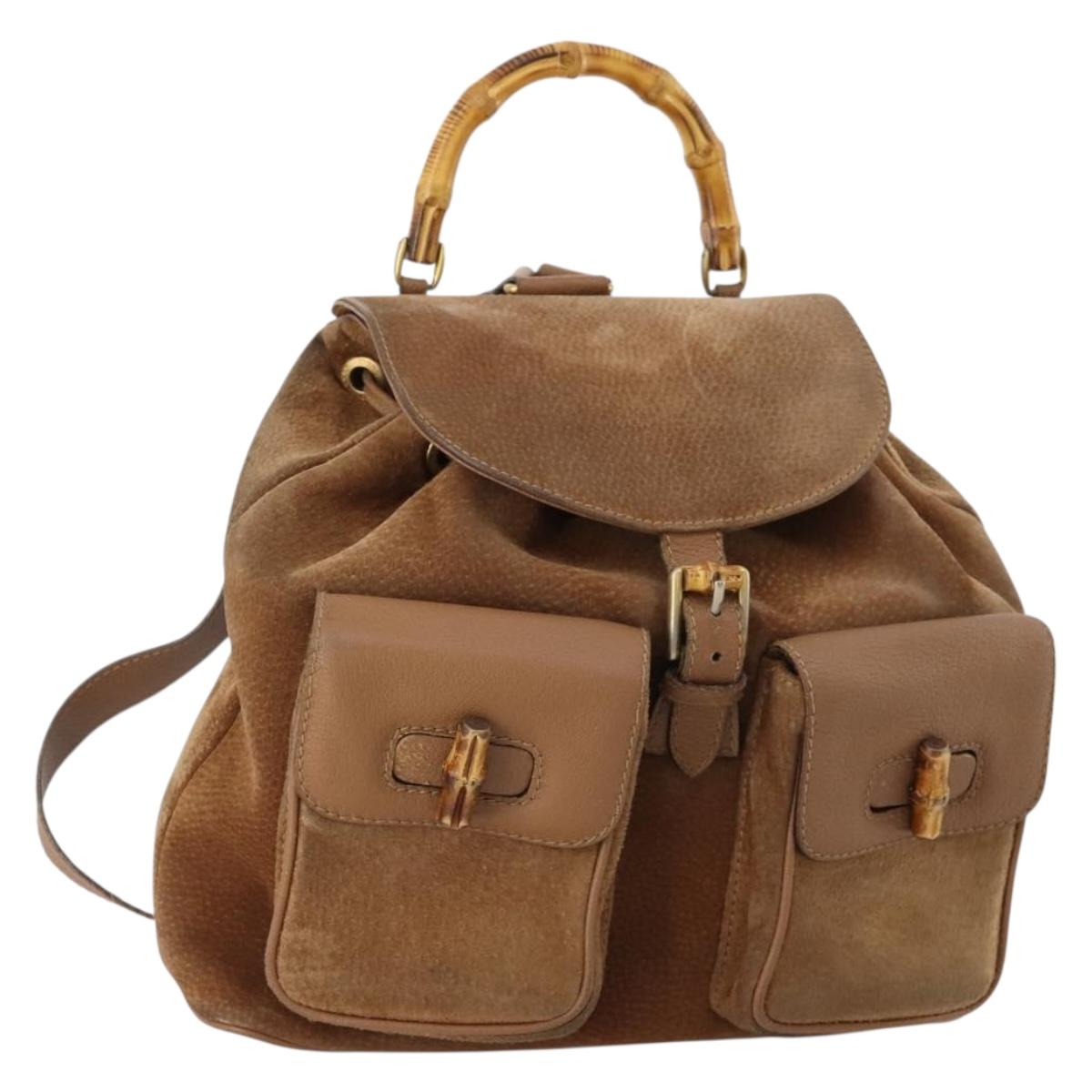 GUCCI Bamboo Backpack Suede Brown Gold 003 2058 0016 Auth LNZ352
