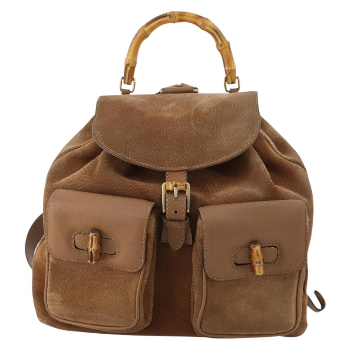 GUCCI Bamboo Backpack Suede Brown Gold 003 2058 0016 Auth LNZ352