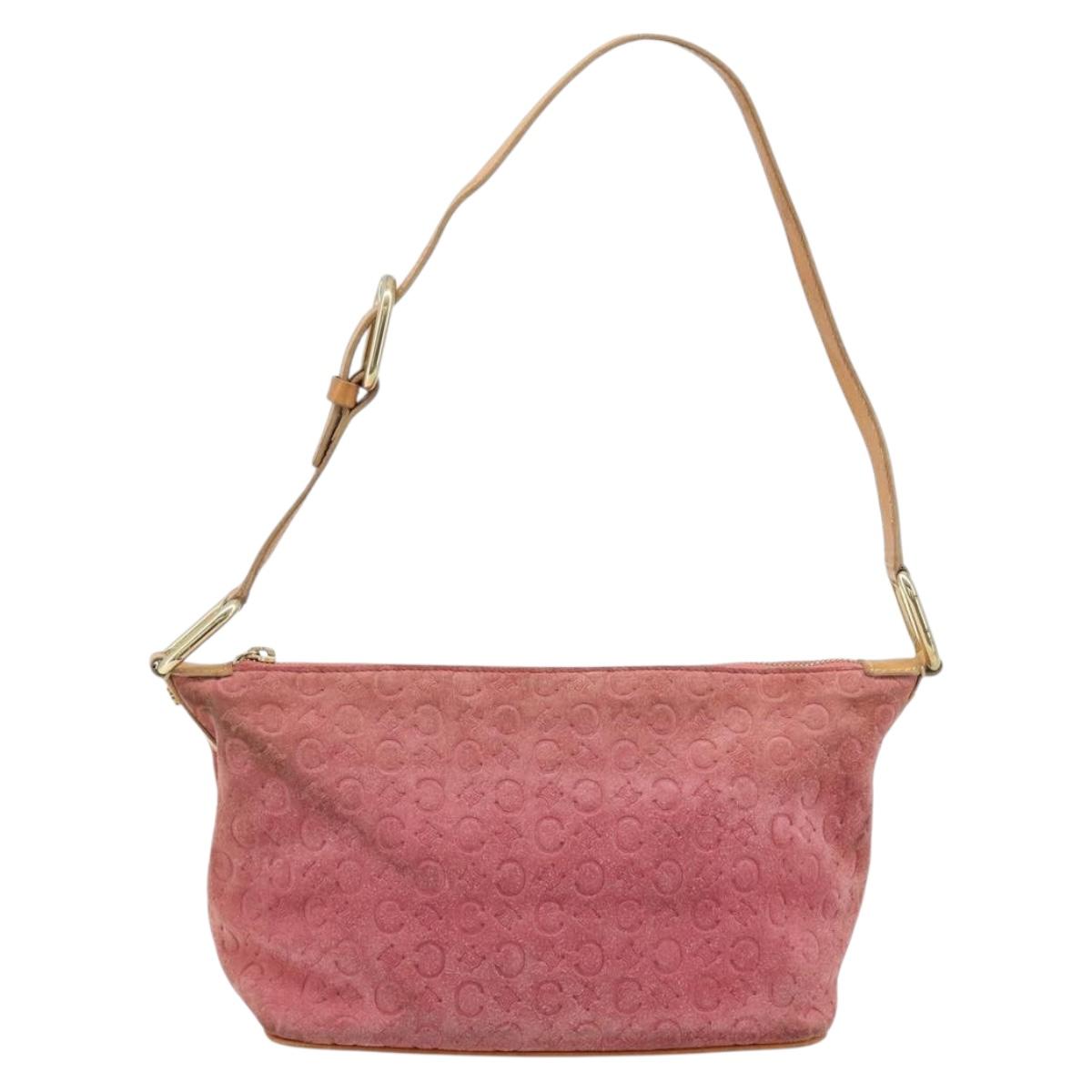CELINE C Macadam Canvas Shoulder Bag Suede Pink Gold Auth LNZ353