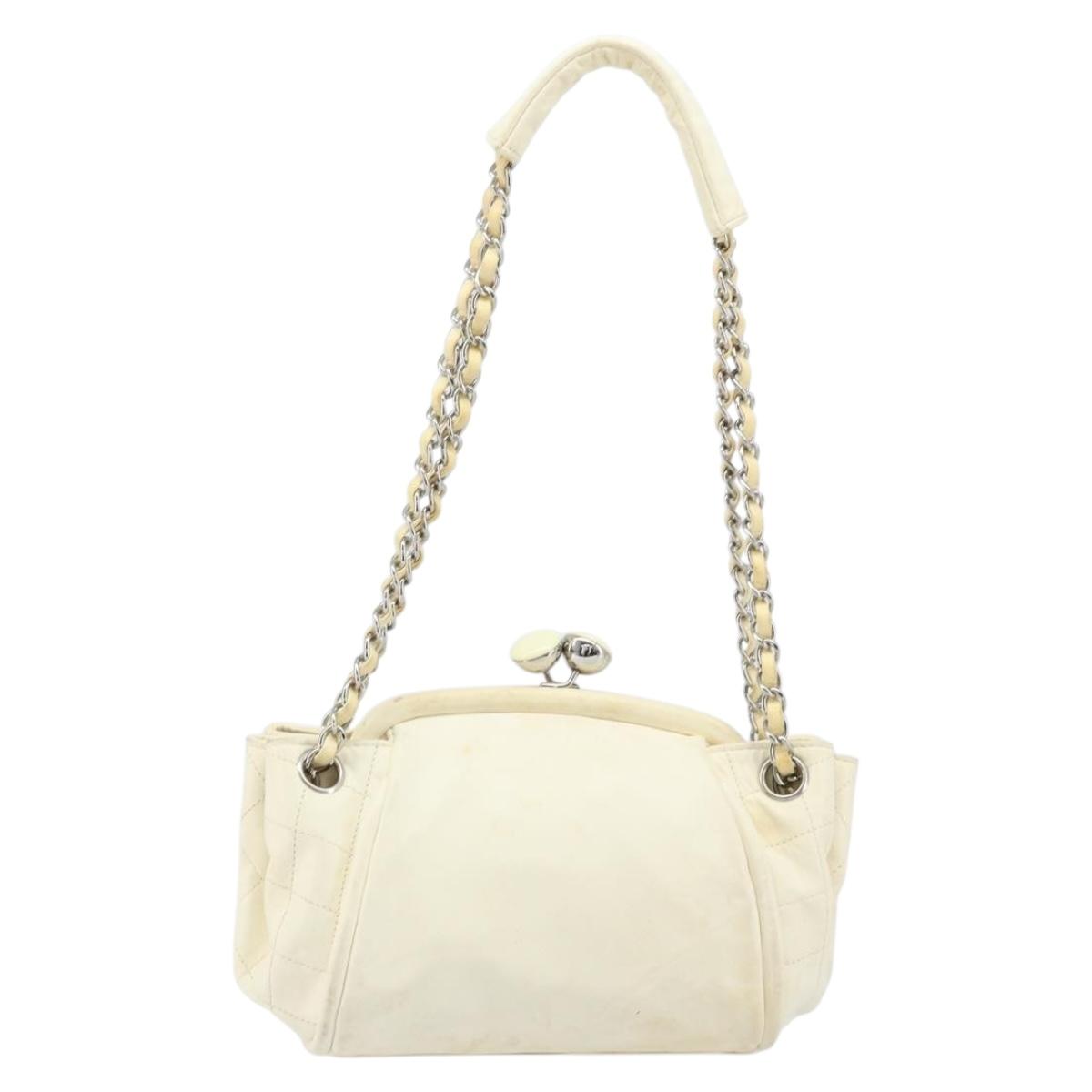 CHANEL Matelasse Chain Shoulder Bag Lamb Skin White Silver CC Auth LNZ357A
