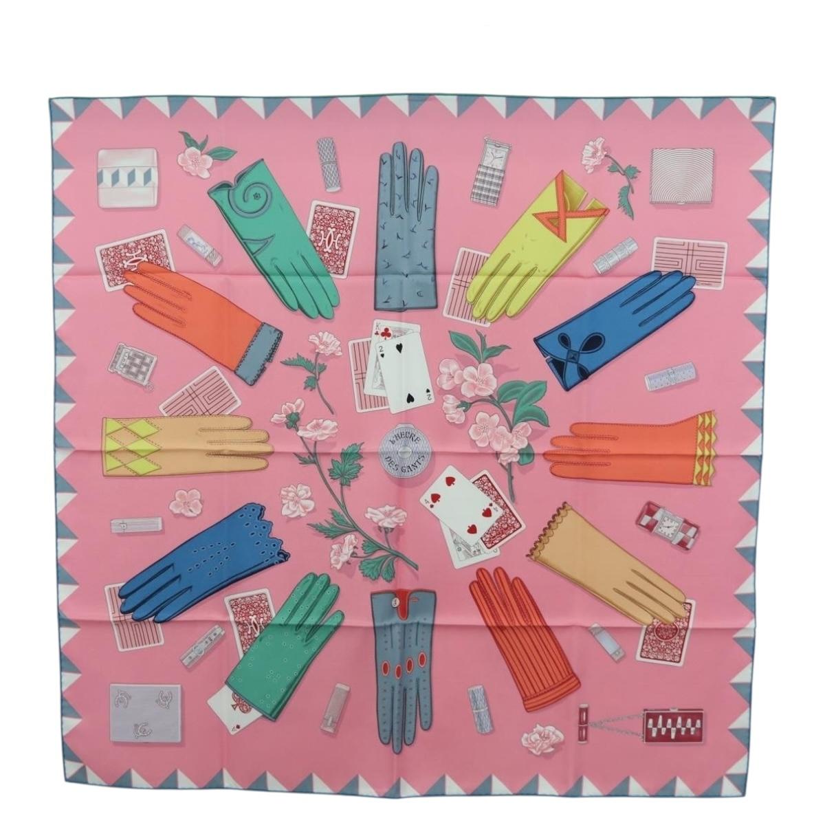 HERMES Carre 90 Scarf ""L'Heure des Gants"" Silk Pink Auth LNZ365SAM