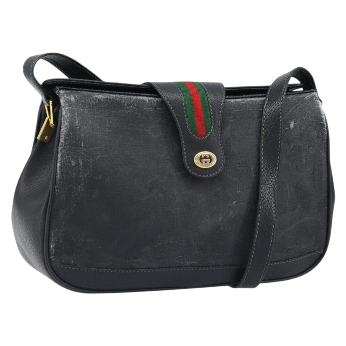 GUCCI GG Supreme Web Sherry Line Bag PVC Black Gold 116 02 076 Auth LNZ368