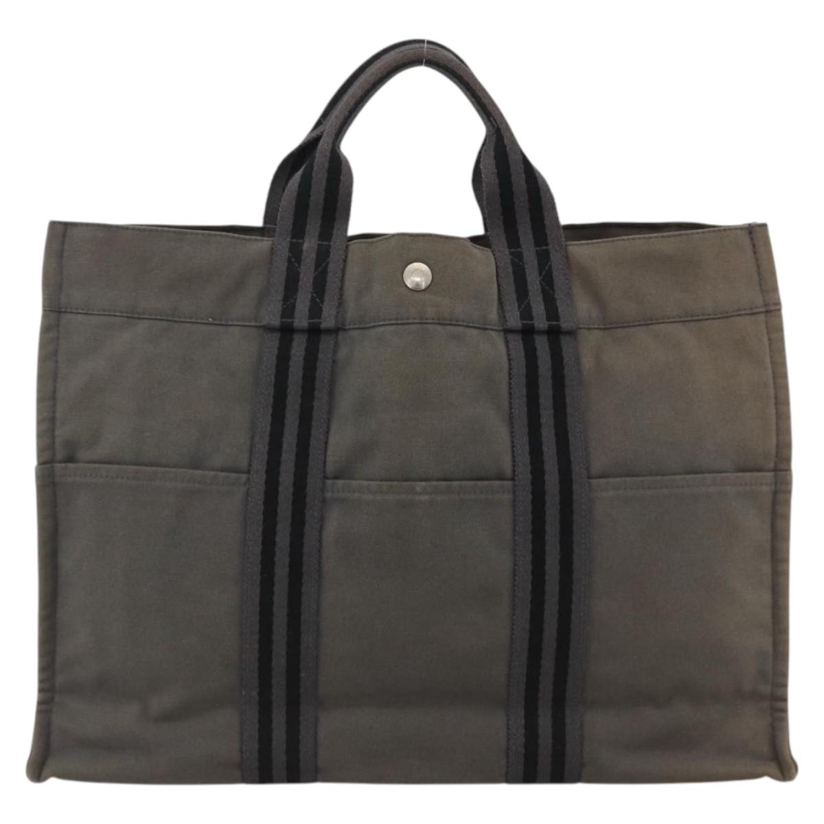 HERMES Fourre Tout MM Hand Bag Canvas Gray Silver Auth LNZ390