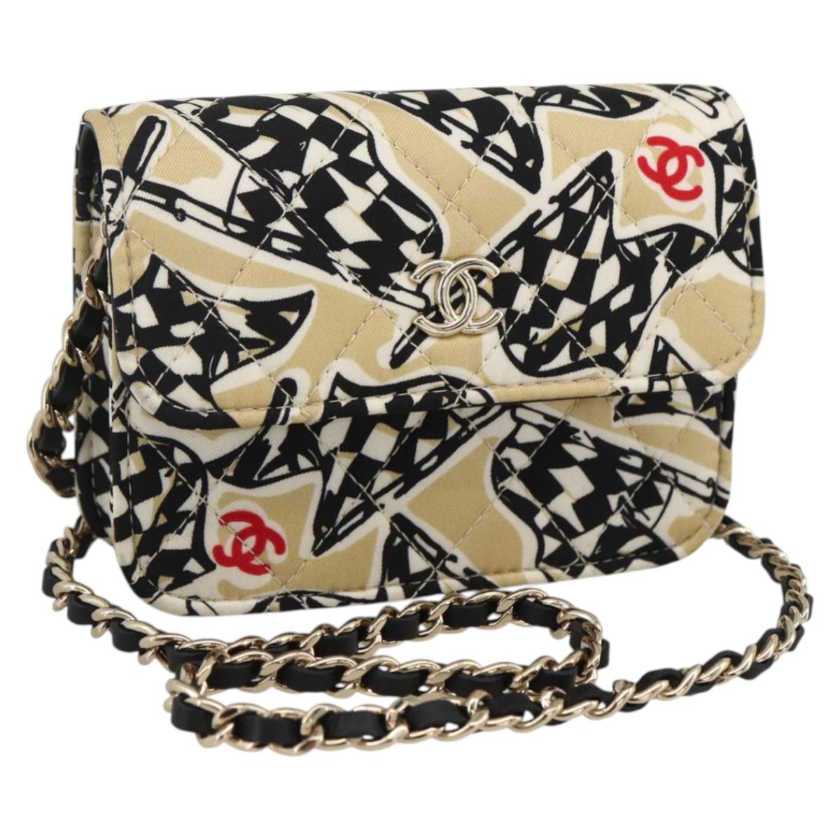 CHANEL Chain Mini Matelasse 12 Shoulder Bag Satin Beige Gold CC Auth LNZ395M