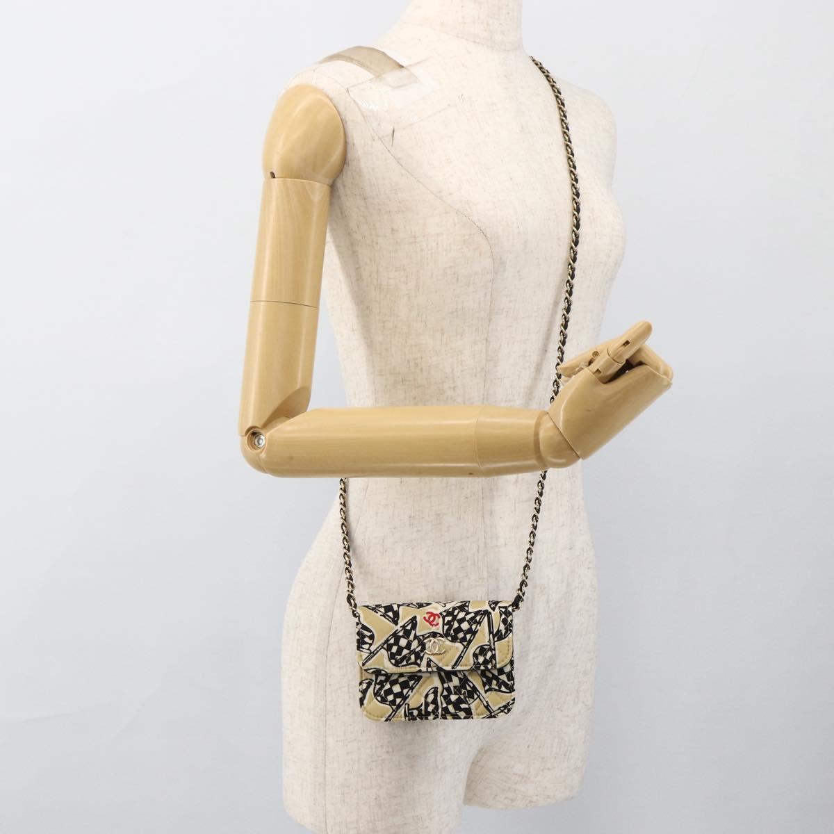 CHANEL Chain Mini Matelasse 12 Shoulder Bag Satin Beige Gold CC Auth LNZ407M