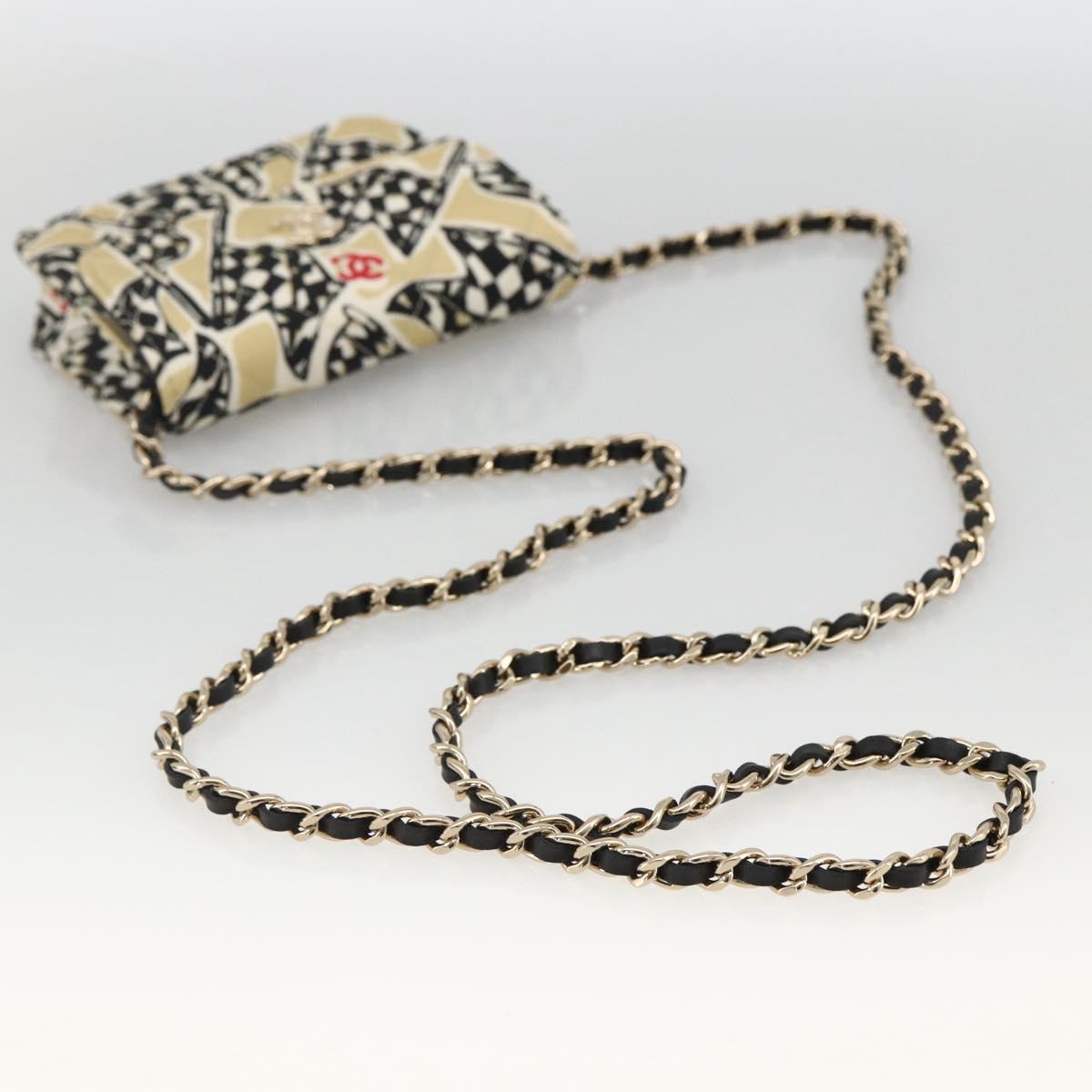CHANEL Chain Mini Matelasse 12 Shoulder Bag Satin Beige Gold CC Auth LNZ407M