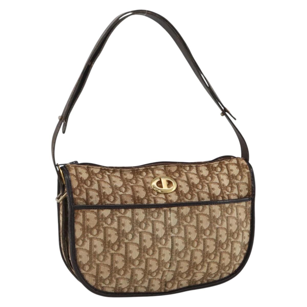Christian Dior Trotter Canvas Shoulder Bag Beige Gold Auth LNZ423