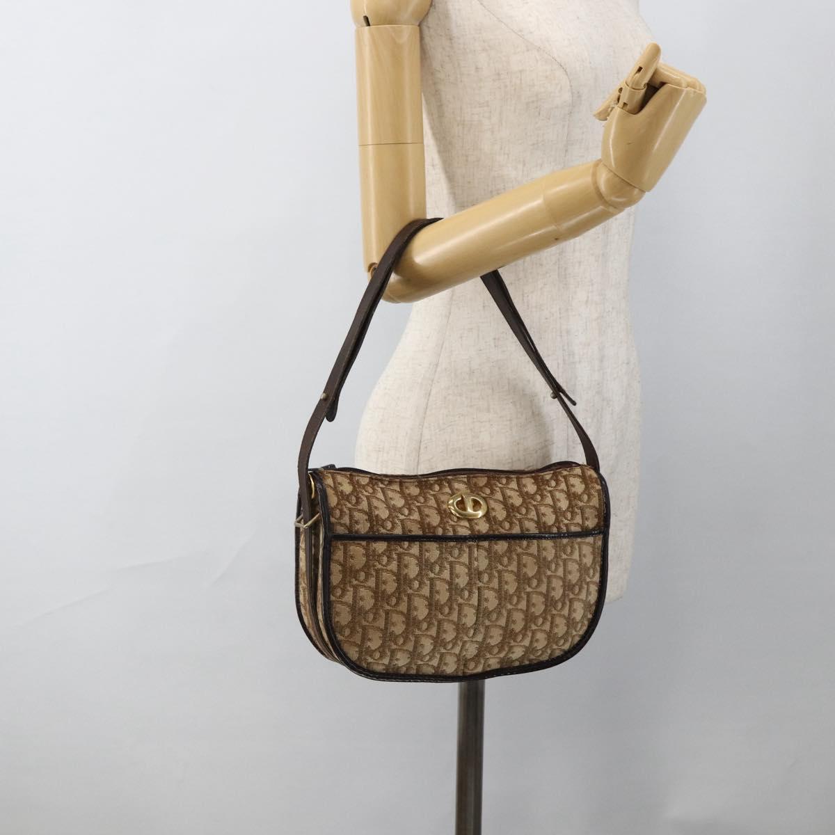 Christian Dior Trotter Canvas Shoulder Bag Beige Gold Auth LNZ423