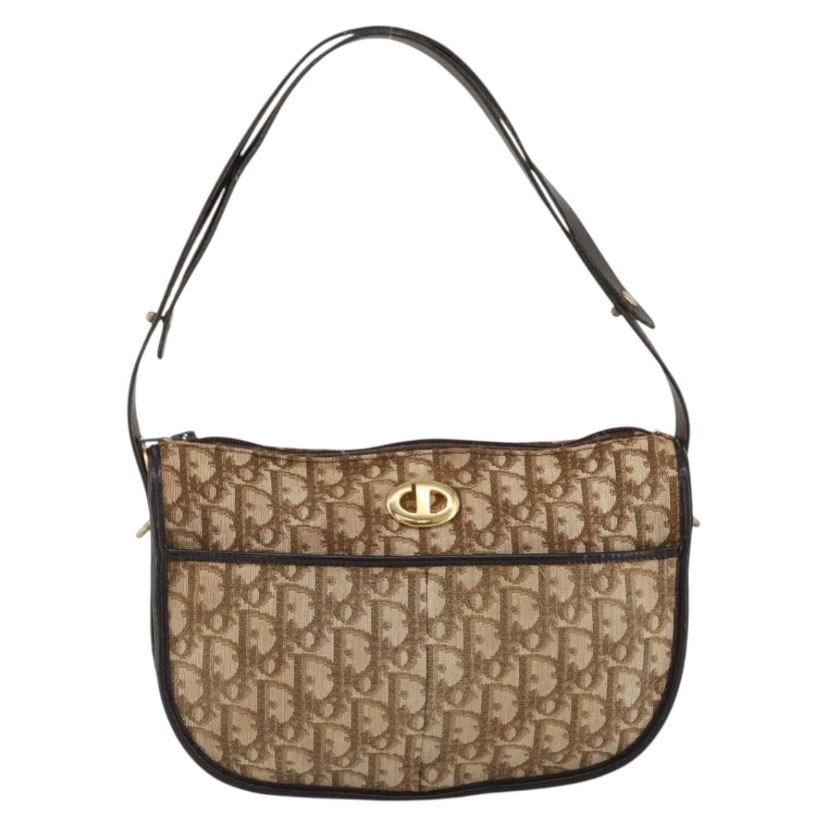 Christian Dior Trotter Canvas Shoulder Bag Beige Gold Auth LNZ423