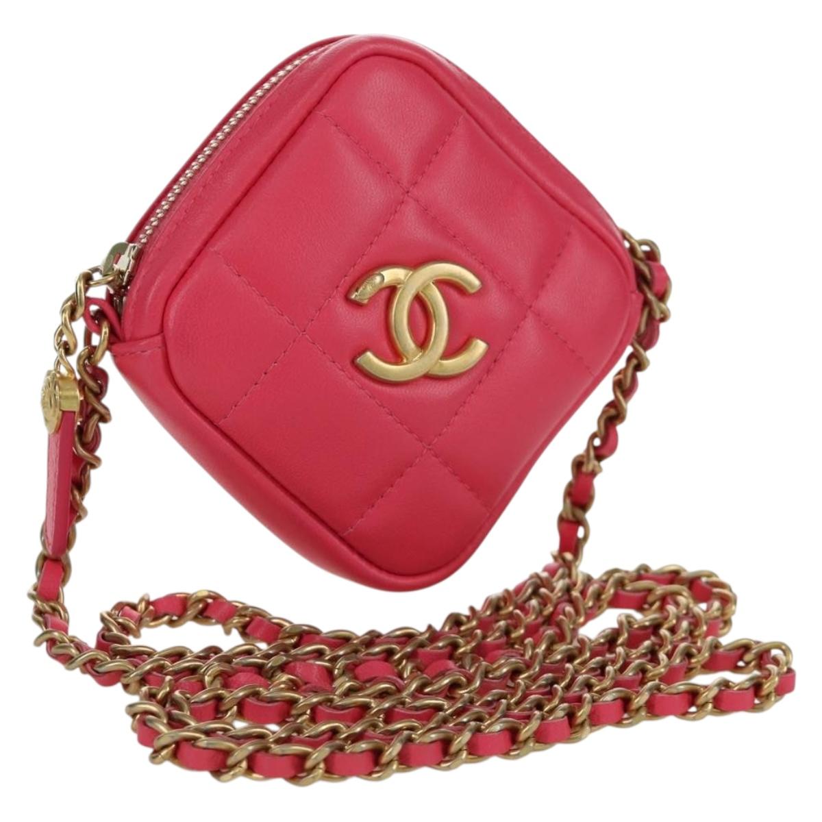 CHANEL Choco Bar Chain Shoulder Pouch Lamb Skin Pink Gold CC Auth LNZ440SAM