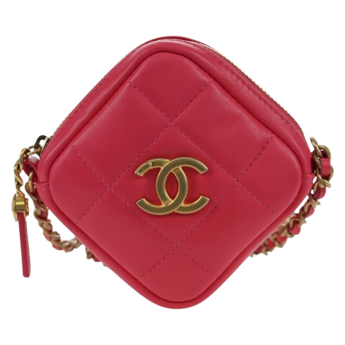 CHANEL Choco Bar Chain Shoulder Pouch Lamb Skin Pink Gold CC Auth LNZ440SAM
