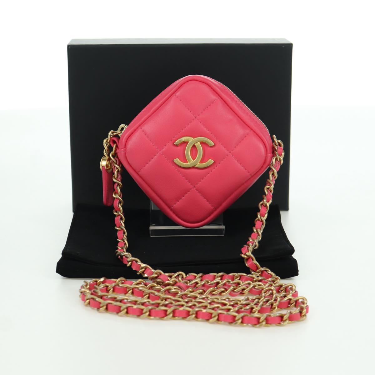CHANEL Choco Bar Chain Shoulder Pouch Lamb Skin Pink Gold CC Auth LNZ440SAM