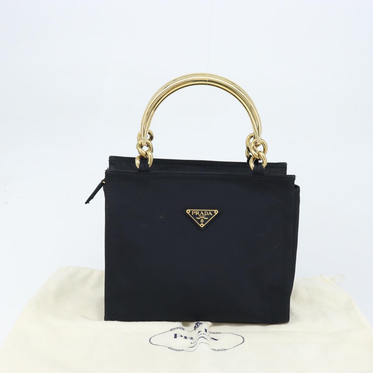 PRADA Metal Handle Hand Bag Nylon Black Gold Auth LNZ454V