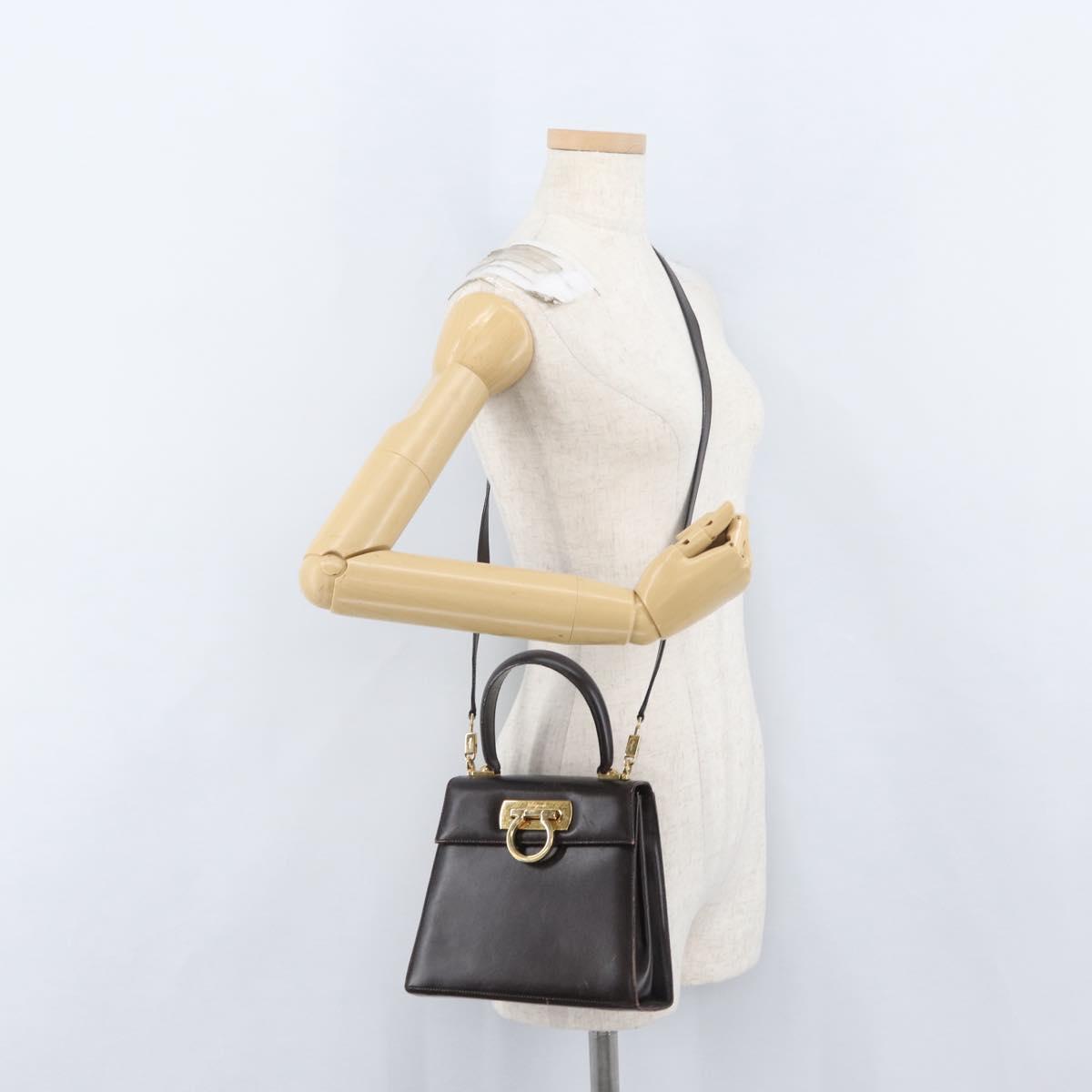 Salvatore Ferragamo Gancini Hand Bag Leather 2way Dark Brown Gold Auth LNZ456