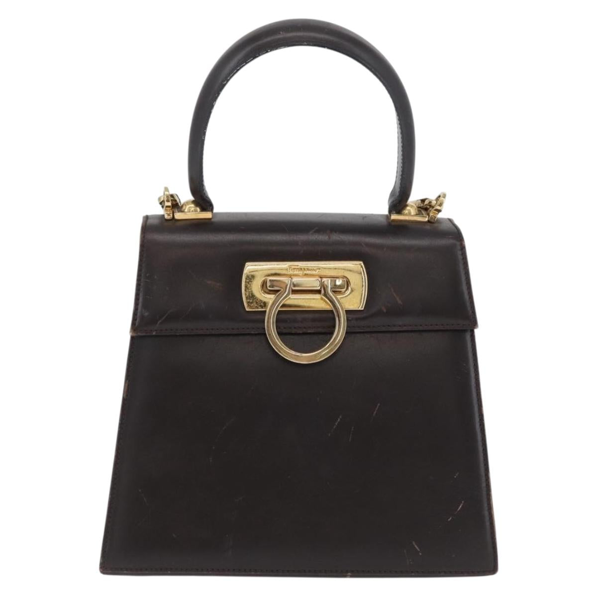 Salvatore Ferragamo Gancini Hand Bag Leather 2way Dark Brown Gold Auth LNZ456