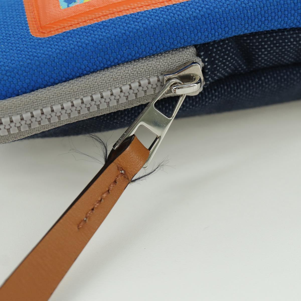 LOEWE Neck Pouch Canvas Blue Silver Auth LNZ470M