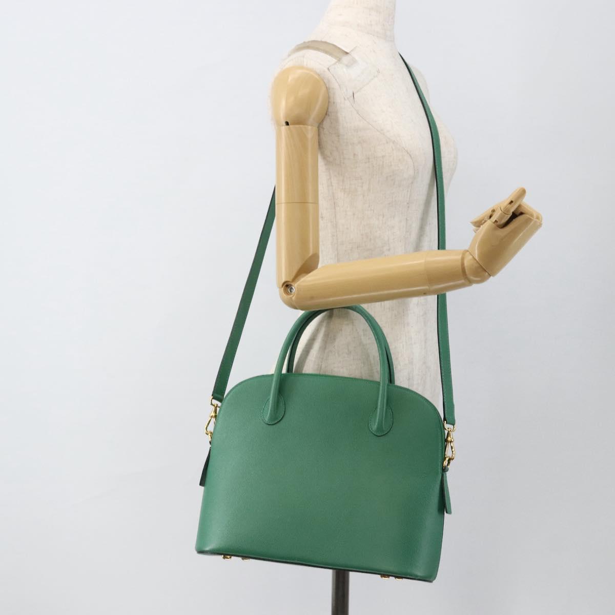 CELINE Hand Bag Leather 2way Green Gold Auth LNZ486