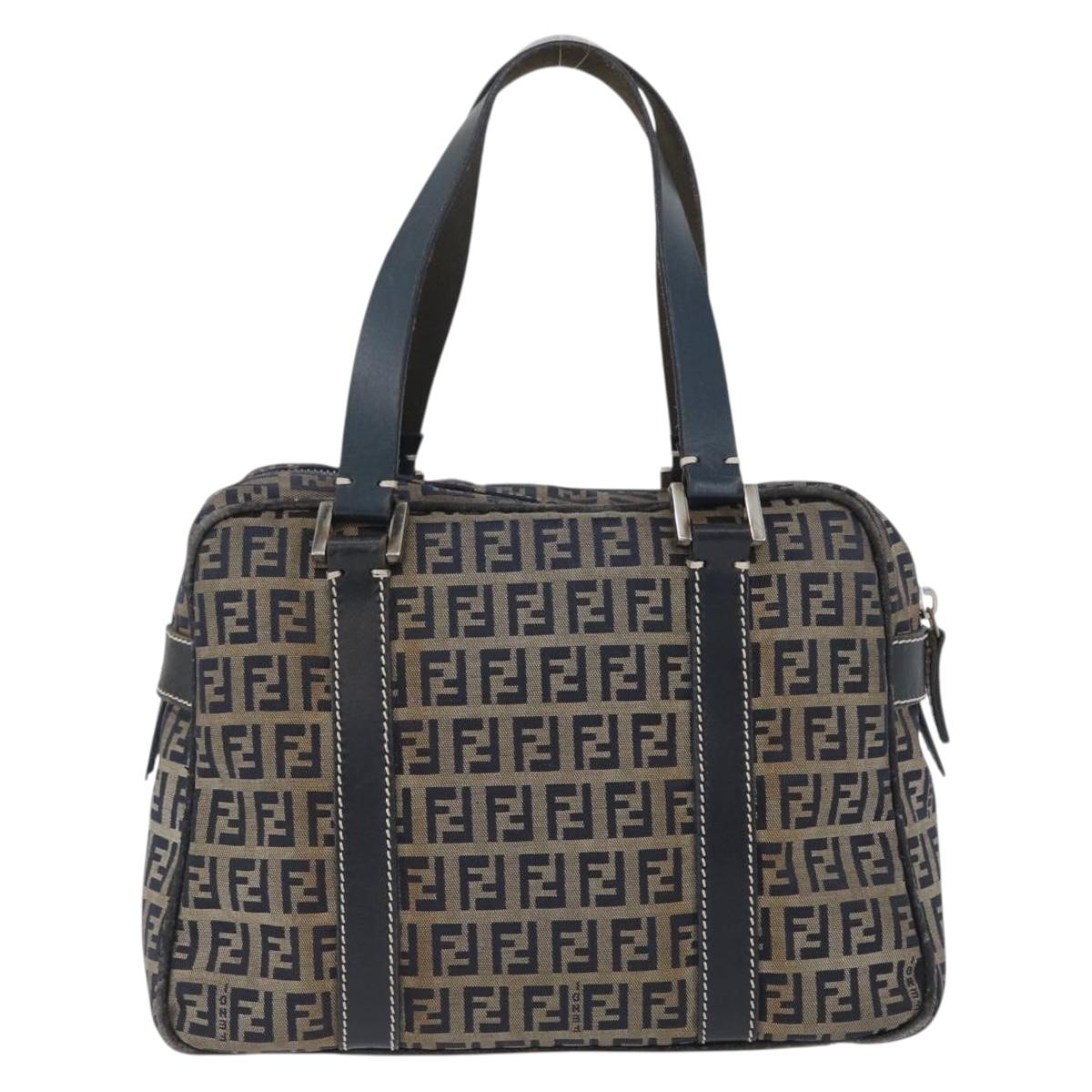 FENDI Zucchino Canvas Hand Bag Navy Silver Auth LNZ529