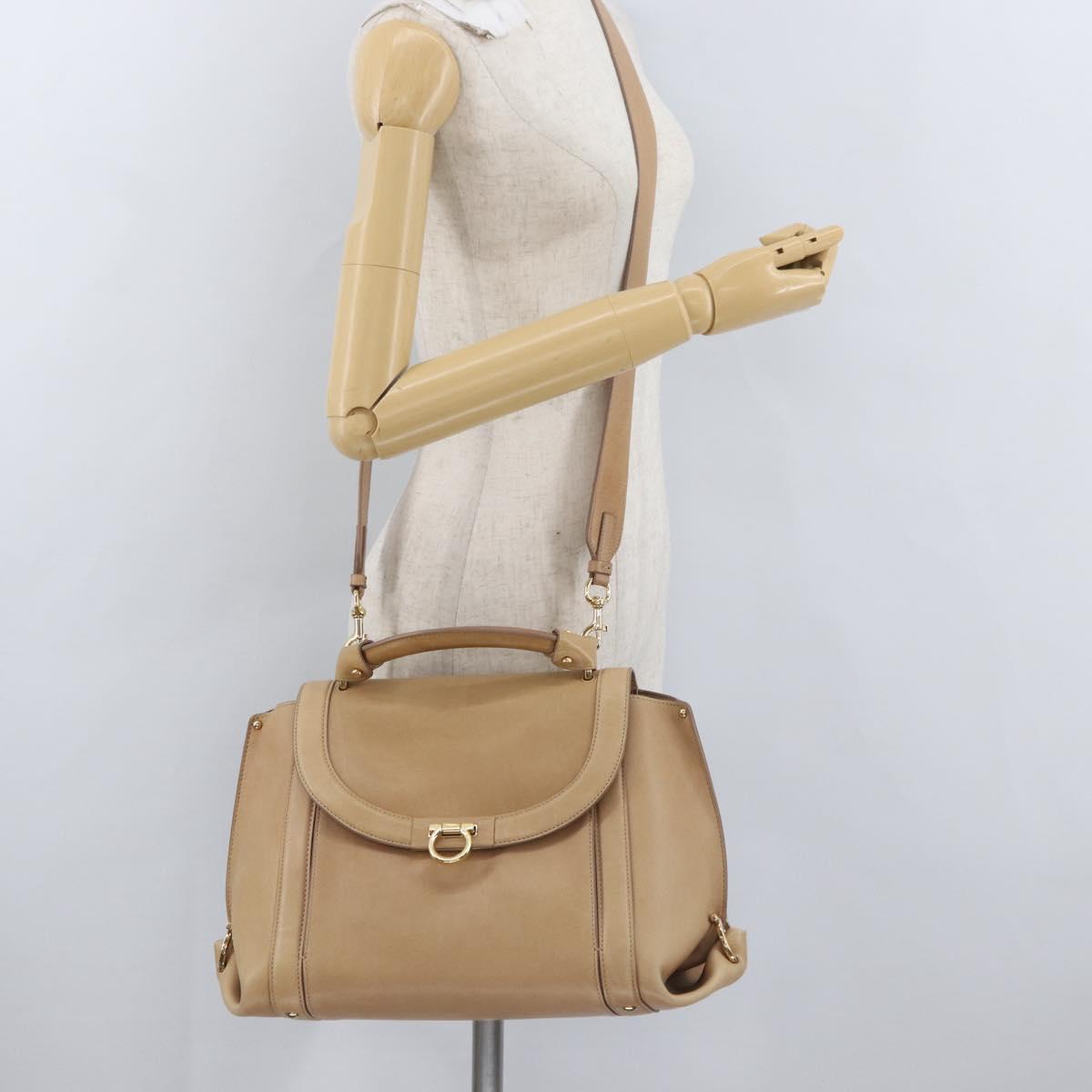 Salvatore Ferragamo Gancini Sofia Hand Bag Leather 2way Beige Gold Auth LNZ545