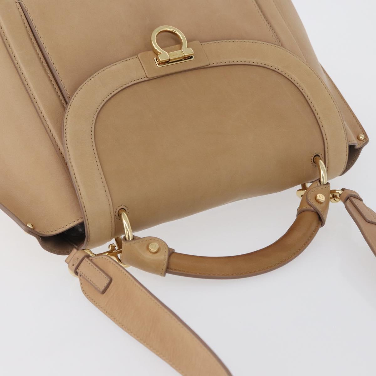 Salvatore Ferragamo Gancini Sofia Hand Bag Leather 2way Beige Gold Auth LNZ545
