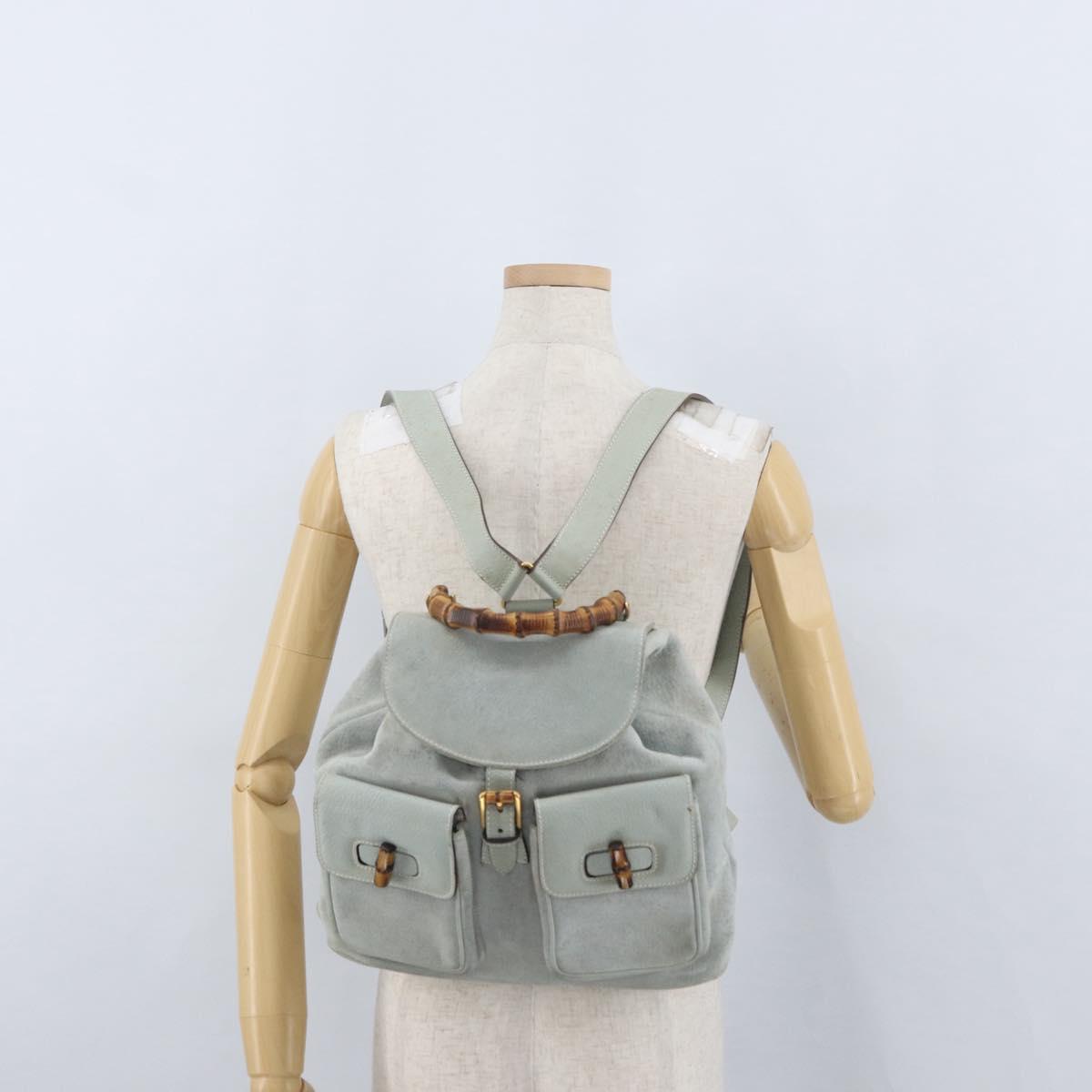 GUCCI Bamboo Backpack Suede Light Blue Gold 003 2058 0016 Auth LNZ552