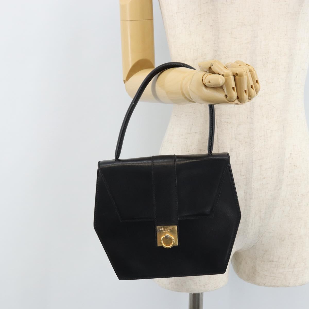CELINE Hand Bag Leather Black Gold Auth LNZ560A