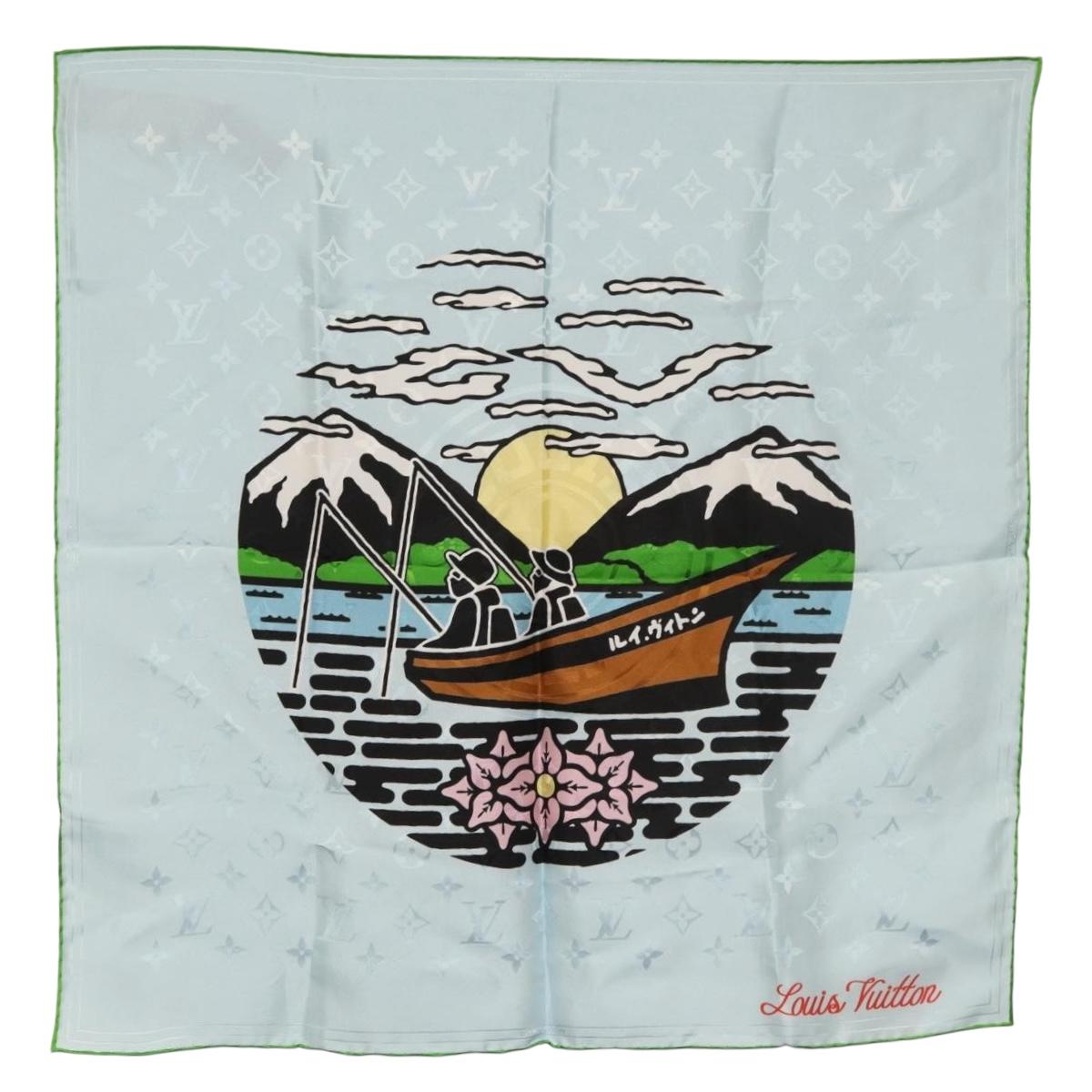 LOUIS VUITTON LV City Stamp Bandana Scarf Silk Light Blue M96939 LV Auth LNZ586M