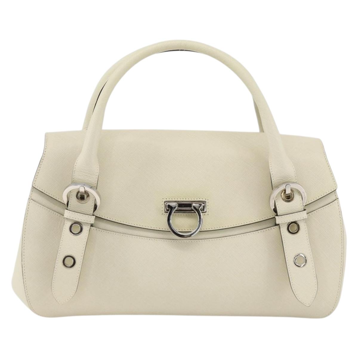 Salvatore Ferragamo Gancini Hand Bag Leather Ivory Silver Auth LNZ599A