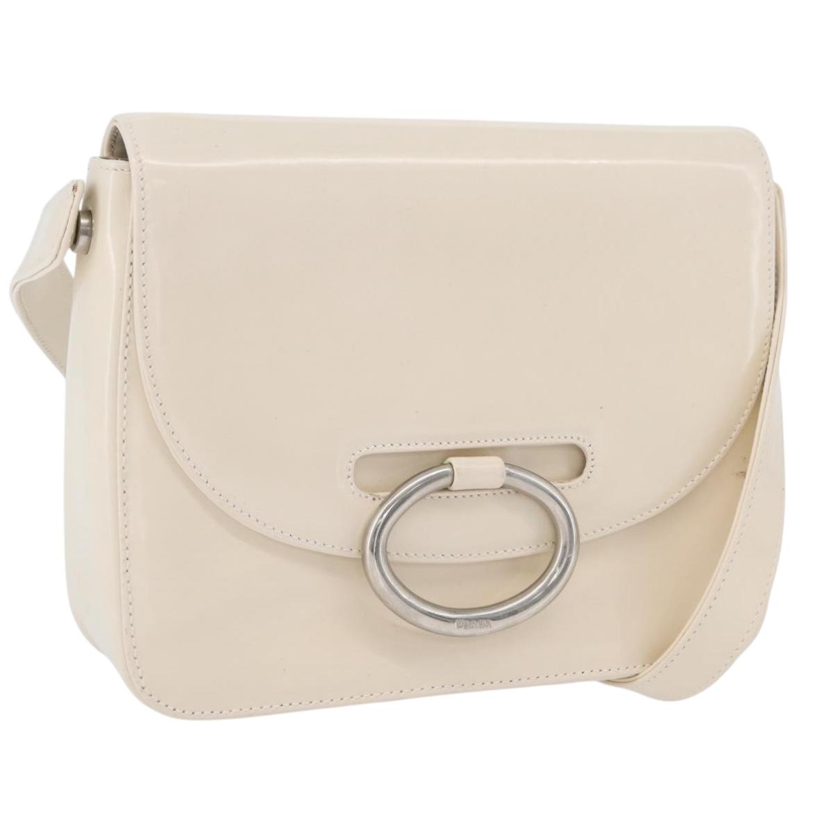 PRADA Shoulder Bag Patent leather Ivory Silver Auth LNZ602