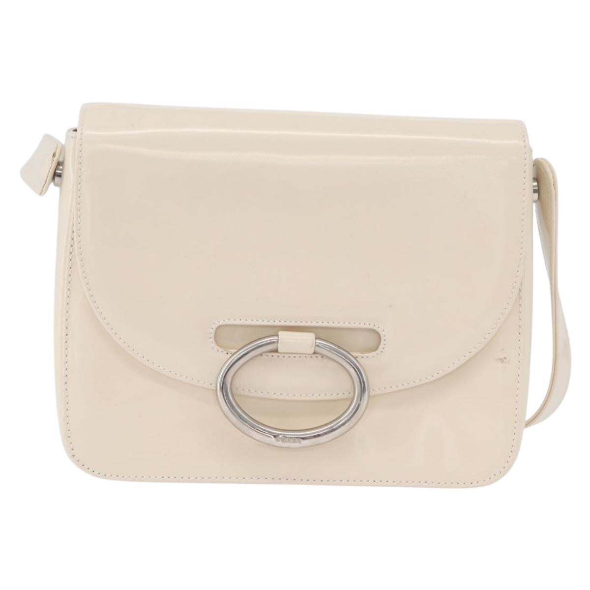 PRADA Shoulder Bag Patent leather Ivory Silver Auth LNZ602