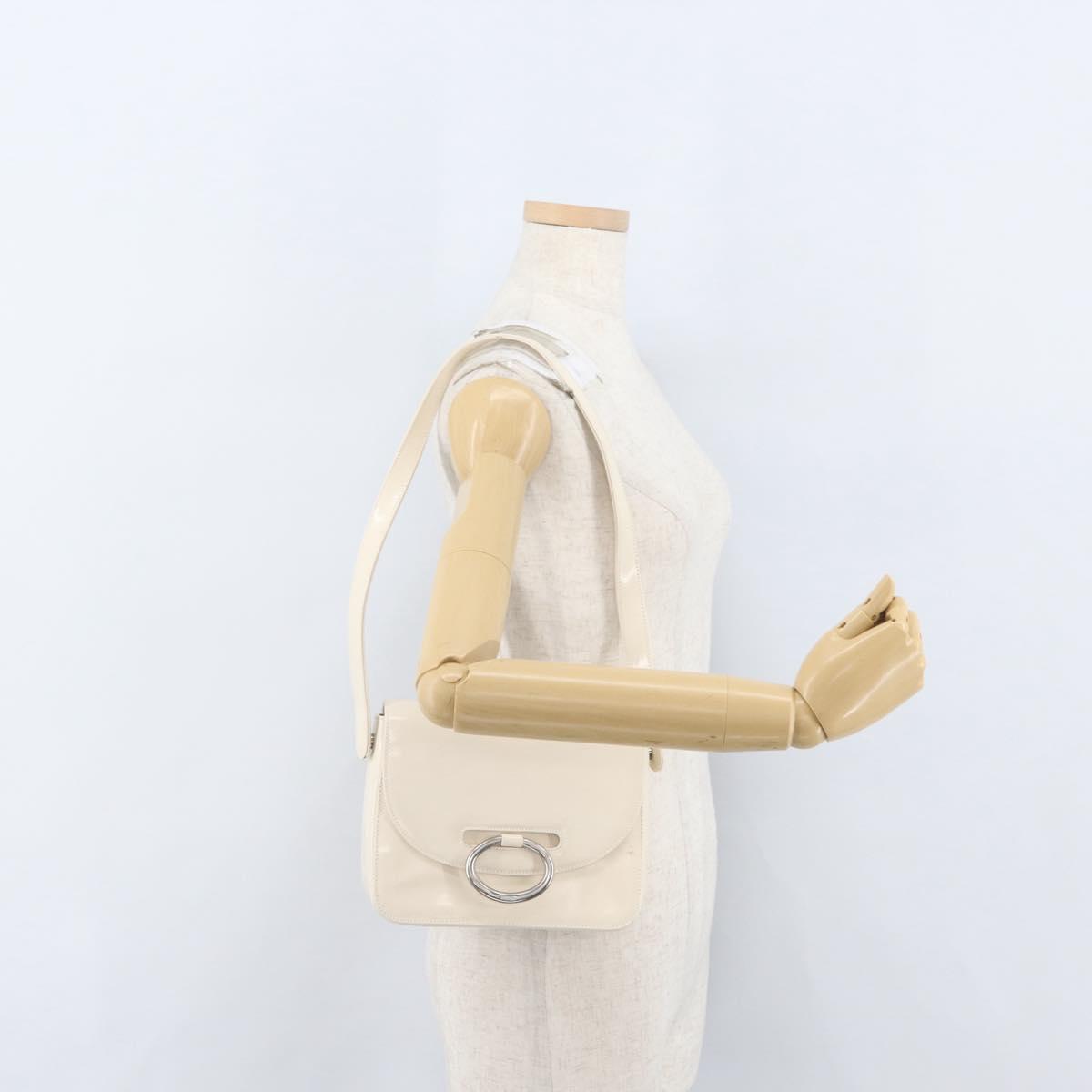 PRADA Shoulder Bag Patent leather Ivory Silver Auth LNZ602