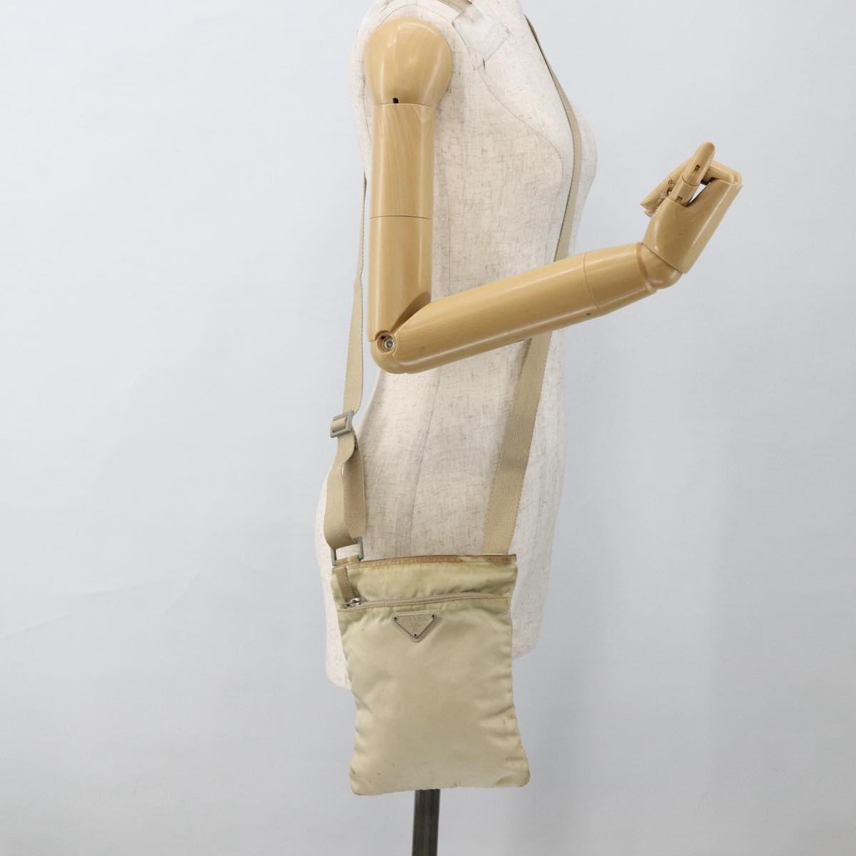 PRADA Shoulder Bag Nylon Beige Silver Auth LNZ604